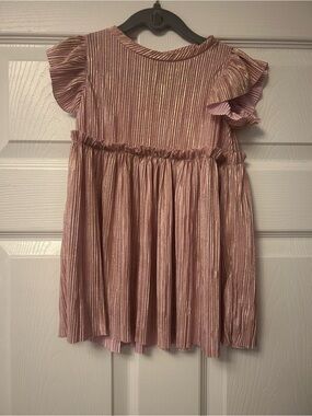 Girls Pink Metallic Ruffle Sleeve Dress